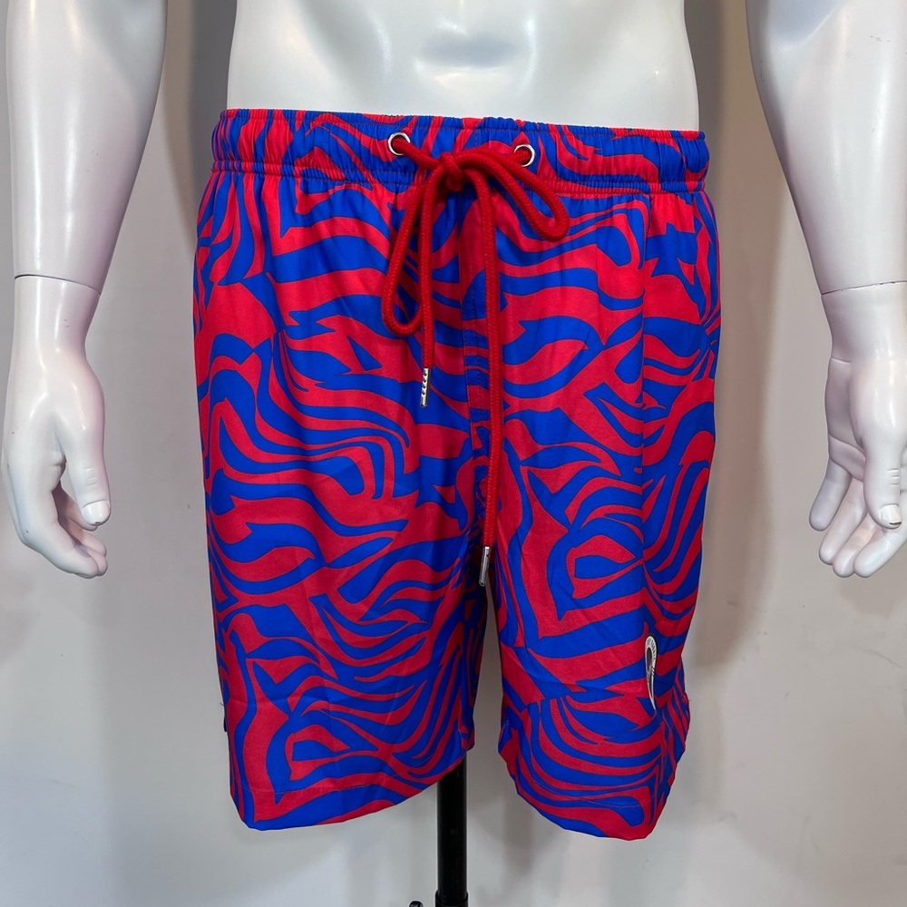 COVE, RED, LARGE BATHING SUIT/TRUNKS WITH BLUE STREAKS ALL OVER